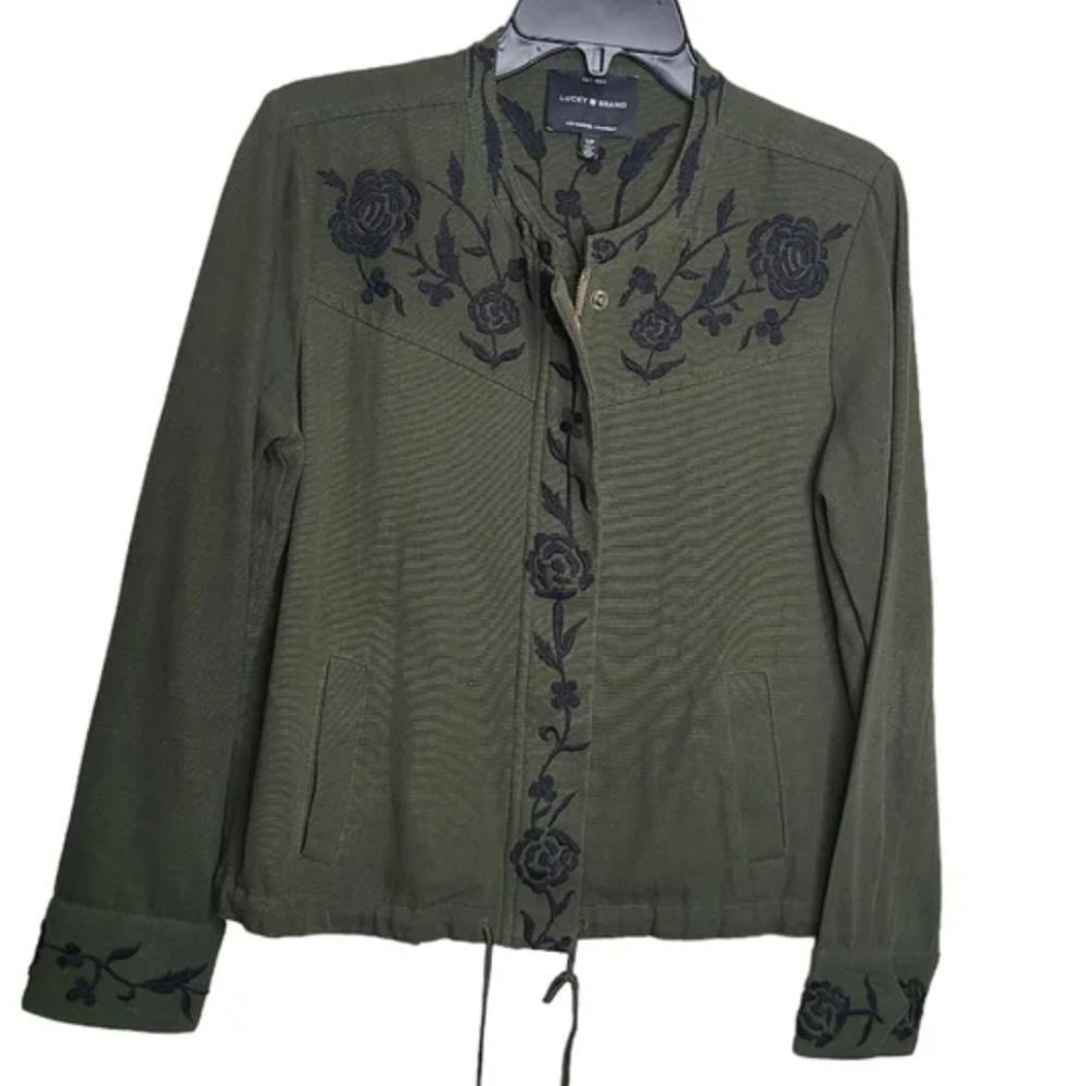 Lucky Brand Flower Embroidered Utility Jacket Green Size Small